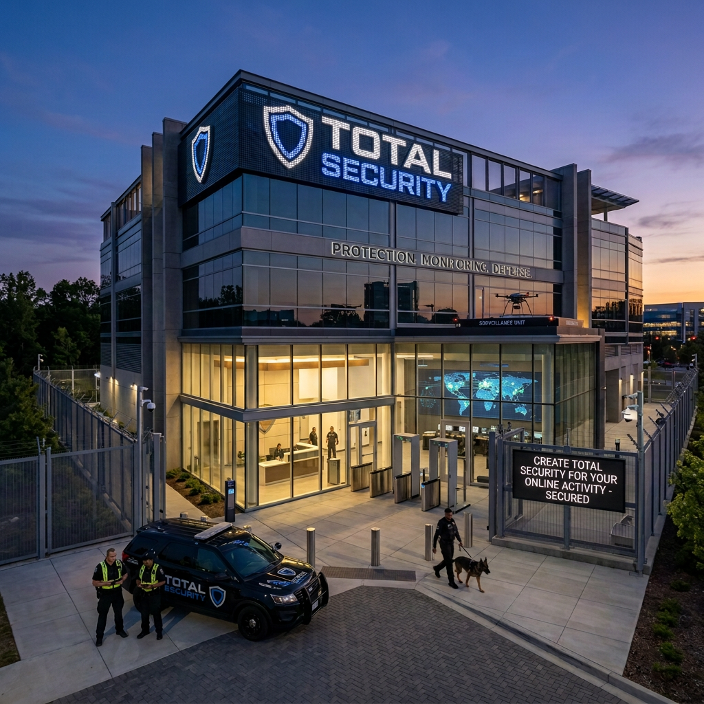 Total Security building labeled Protection, Monitoring, Defense, with guarded entrance and surveillance systems